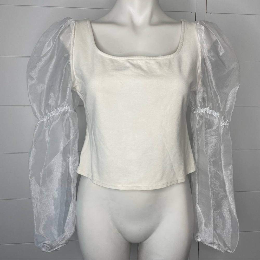 Louna Ivory Cami Top Large White Organza Puff Sleeves Square Boat Neck Crop